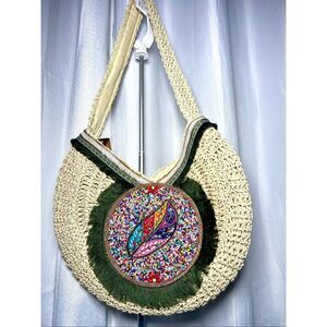 Woven Straw / Grass Tote, Rounded Boho Purse/ Bag, Beaded Thailand Shoulder Purs